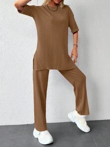 EURMUSE Drop Shoulder Split Hem Tee & Pants - 棕色 - 查看 5