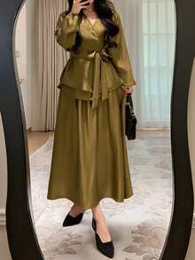 Dazy Kids 2件套春季高端连体上衣+高腰喇叭裙衬衫套装，适合少女 - 芥末黃 - 查看 10