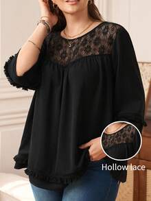 Rosumi Blusa ampia con maniche a lanterna, stile elegante da vacanza, in colore unito con pizzo a contrasto, adatta per taglie comode, per primavera/estate/autunno, top nero taglie comode per donne, camicette taglie comode, top casual taglie comode - nero - Visualizzare 2