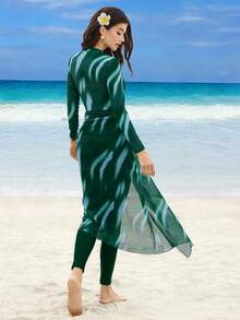 Swim Shayni Damen Batik Grün Boho Burkini Bademode 3-teiliges Set (Bademode + Maxirock + Hose), Strandurlaub, Frühling/Sommer - Grün - Übersicht 3