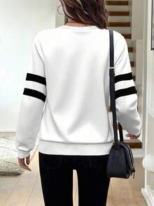 Easowa 女士前拉链圆领卫衣 女士长袖上衣 四分之一拉链女士条纹袖上衣 女士休闲上衣 排球少年长袖拉链上衣 黑白曲线抓绒，秋季，休闲 - 白色 - 查看 2