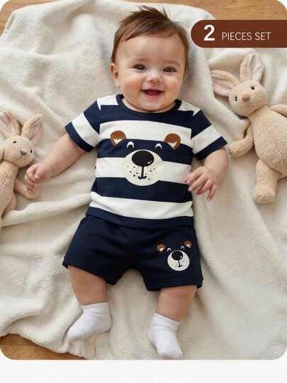 Baby Boy Casual Cute Knit Striped Cartoon Print Short Sleeve Top And Shorts Set, Summer