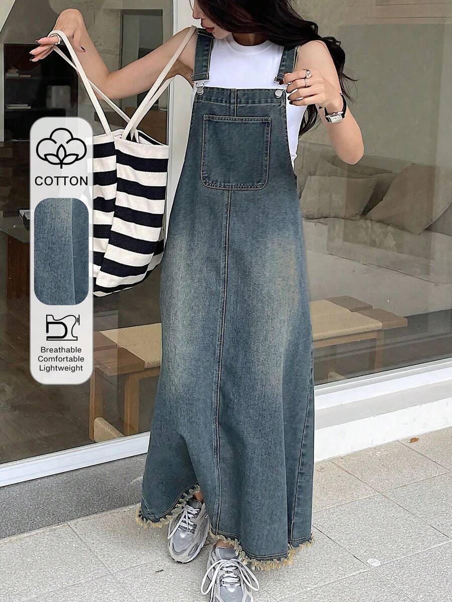 DAZY Teen Girl Casual Everyday Commute Minimalist Versatile Patchwork Pocket Frayed Hem Loose Denim Pinafore Dress, Spring/Summer/Autumn - Blue - View 1