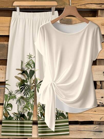 EMERY ROSE Conjunto de 2 piezas de blusa con lazo y pantalones de pierna recta para mujer