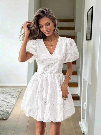 Easowa White Embroidered Short Sleeve Ruffle Hem Mini Dress For Women, Suitable For Romantic Vacation, Countryside Vacation, Beach Vacation, Music Festival, French Vacation, Casual Daily Wear, Spring/Summer Vacation/Boho/Sexy White Bubble Dress Vacation White Dress White Mini Dress Puff Sleeve Dress White Dresses For Women White Vacation Dress White Embroidered Dress