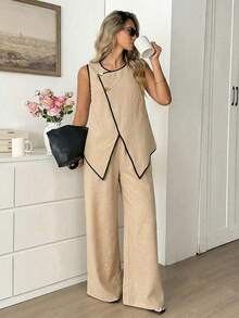Vionelle Conjunto de 2 piezas para mujer talla grande con chaleco de un solo pecho con borde y pantalones de pierna ancha, casual elegante, conjunto coordinado de clase para mujer, brunch, oficina, rayas blancas y negras, verano - Albaricoque - Ver 4