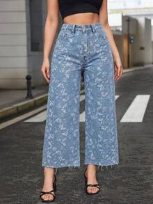 SHEIN Frenchy Quần jeans ống rộng dệt jacquard mài bạc màu, kiểu dáng thường ngày. - Rửa nhẹ - Xem 3