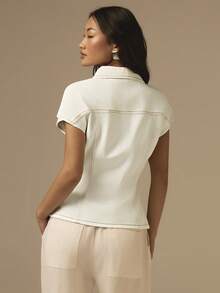 COSMINA 女士白色牛仔金属纽扣短袖上衣，连帽半袖牛仔T恤衬衫款，休闲优雅通勤简约Y2K牛仔上衣 - 白色 - 查看 2