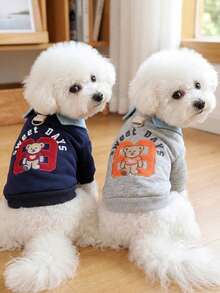 PETSIN 1pc Cat/Dog Universal Clothes, Cute College Style Bear Fake Two-Piece Pullover, Fashionable Casual Sports Shirt - Multicolor - View 2