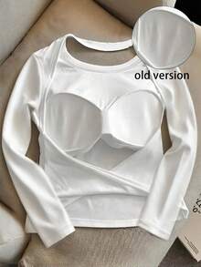 INAWLY 女士纯色圆领长袖休闲露背T恤 - 白色 - 查看 3