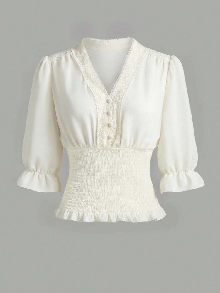 Qadelle Women's Casual Hollow Out Short Sleeve Cinched Waist Design - Apricot - View 1