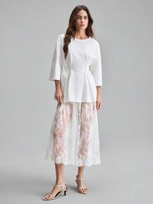 Ontre White Comfortable Moisture-Wicking Loose Fit Dropped Shoulder 3/4 Sleeve Pleated Front Tie-Waist Romantic Urban Chic Elegant Cruise Wear, Wedding Guest Attire, Business Casual Office Wear, Modest Middle Eastern Style Essential, Collegiate Back-To-School Campus, Wedding Series Design Women T-Shirt - White - View 7