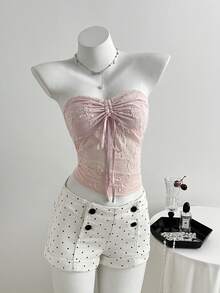 Elamini 时尚休闲波点水洗牛仔短裤 - 白色 - 查看 3