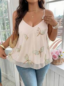 Breezaya Camiseta de tirantes con bordado de mariposa talla grande, top de malla etérea - Albaricoque - Ver 6