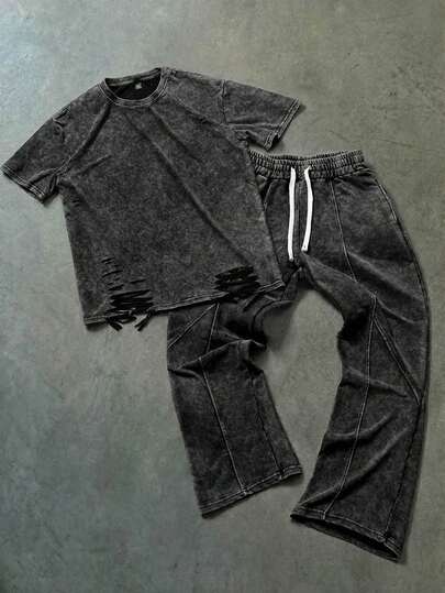 Aesthetic Post Men's Round Neck Short Sleeve Casual Summer Fashion Versatile Daily T-Shirt Set,Irregular Cat Whiskers, Ripped Hem, Snowflake-Patterned Short-Sleeved Trousers Set,Spring To Summer,Summer,Vacation,Vintage,Going Out,Party,Festival,Gift For My Boyfriend,Streetwear,Workout