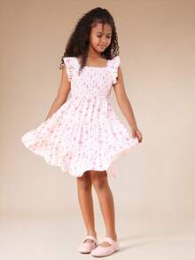 SUMWON 少女款褶皱方领荷叶袖层叠A字春夏印花中长连衣裙，松紧腰 - 彩色 - 查看 6