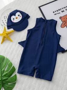 SHEIN Baby Boy/Girl Blue Summer Dolphin Print Sleeveless Zipper Romper Swimsuit With Cute Dolphin Print Hat, 2pcs Set, Suitable For Beach, Swimming, Vacation - Multicolor - View 2