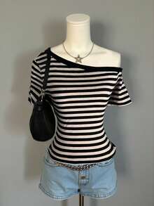 Lalippa Striped Print Asymmetric Collar Casual Short Sleeve T-Shirt - Black - View 1