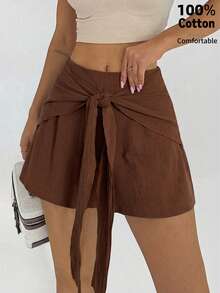 Firerie Women's Elegant Casual Everyday Commute Office Versatile Shorts, Brown Tie-Up Design Decoration Loose Straight Leg Shorts, Suitable For Vacation, Beach, Teacher , Daily Wear - Brown - View 6