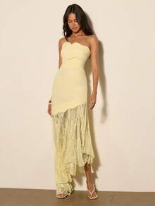 COSMINA Vestido midi elegante de mujer con parches de encaje asimétrico y volantes en el bajo, adecuado para primavera, citas, fiestas, bodas - Amarillo - Ver 4