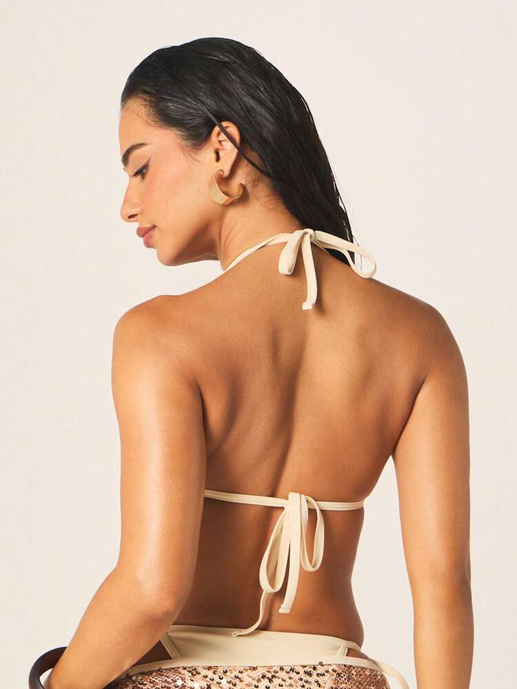 MISSGUIDED Women's Sequined Halter Bikini Set With Triangle Top And Side Tie Bottoms Summer Beach Swimwear