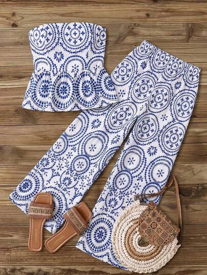 EMERY ROSE Conjunto de 2 piezas con top bandeau con volantes y pantalones de pierna ancha con estampado de plantas para vacaciones de mujer