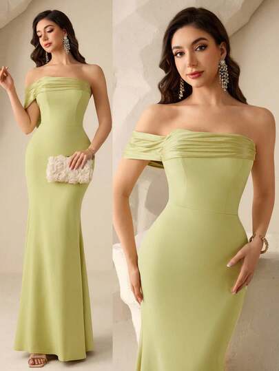 Coutiva Luxury Evening Gown, Elegant Patchwork Design, High-End Formal Dress For Banquet, Bridesmaid Off Shoulder Formal Dress Light Lime  Green Dress Lime Green Dress Light Green Dress Off Shoulder Dress  Graduation Ceremony, School Opening, Music Festival, Birthday Party, Wedding, Afternoon Tea Gathering, Ball