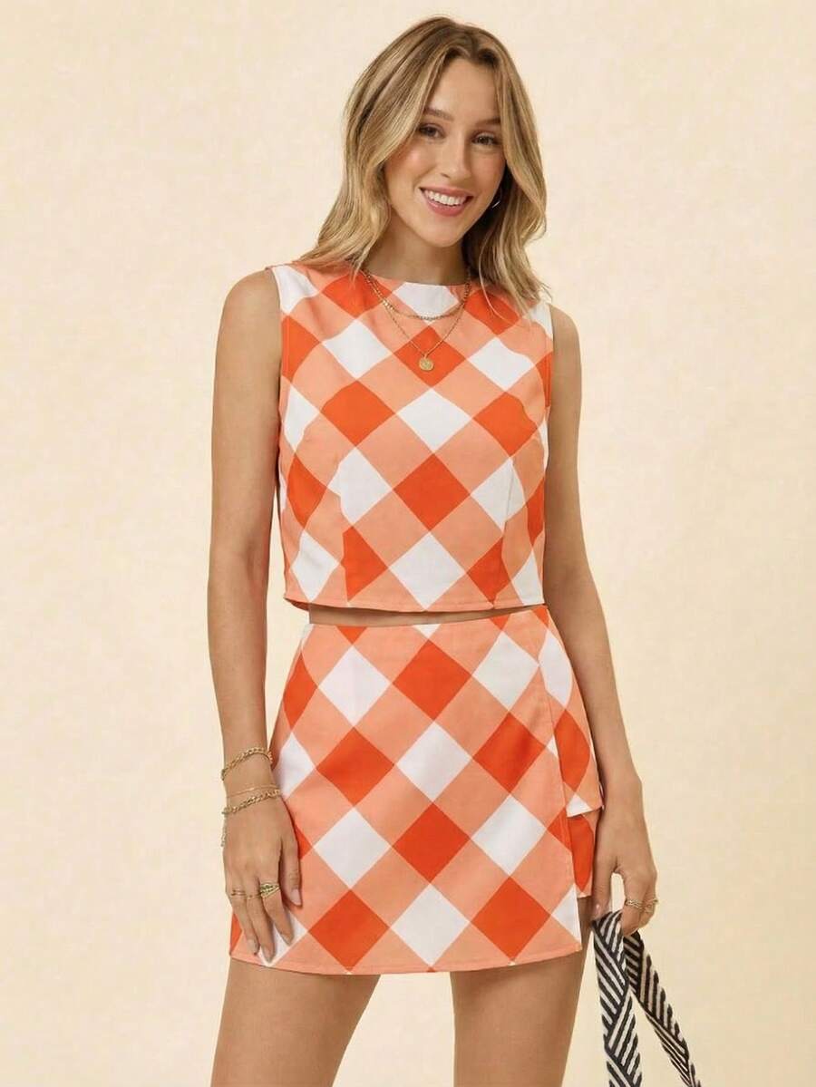 Coeurva Women's Chiffon Plaid Vest & Shorts 2 Pieces Set, Spring/Summer Vacation - Orange - View 1