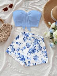 Soleia Women's Solid Color Ruched Bandeau Top And Floral Print Shorts 2-Piece Casual Outfit - Multicolor - View 5