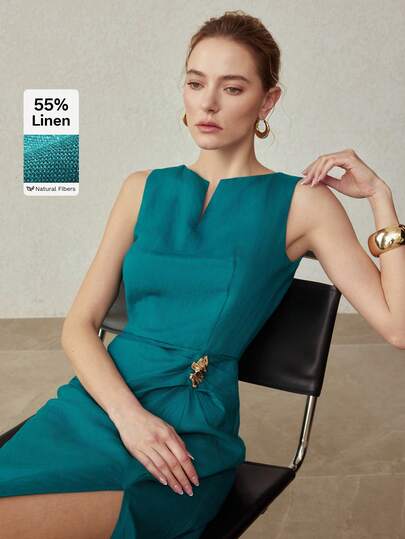 MOTF PREMIUM LINEN MINIMALIST ELEGANT NOTCHED NECK CINCHED WAIST MIDI DRESS, SPRING/SUMMER