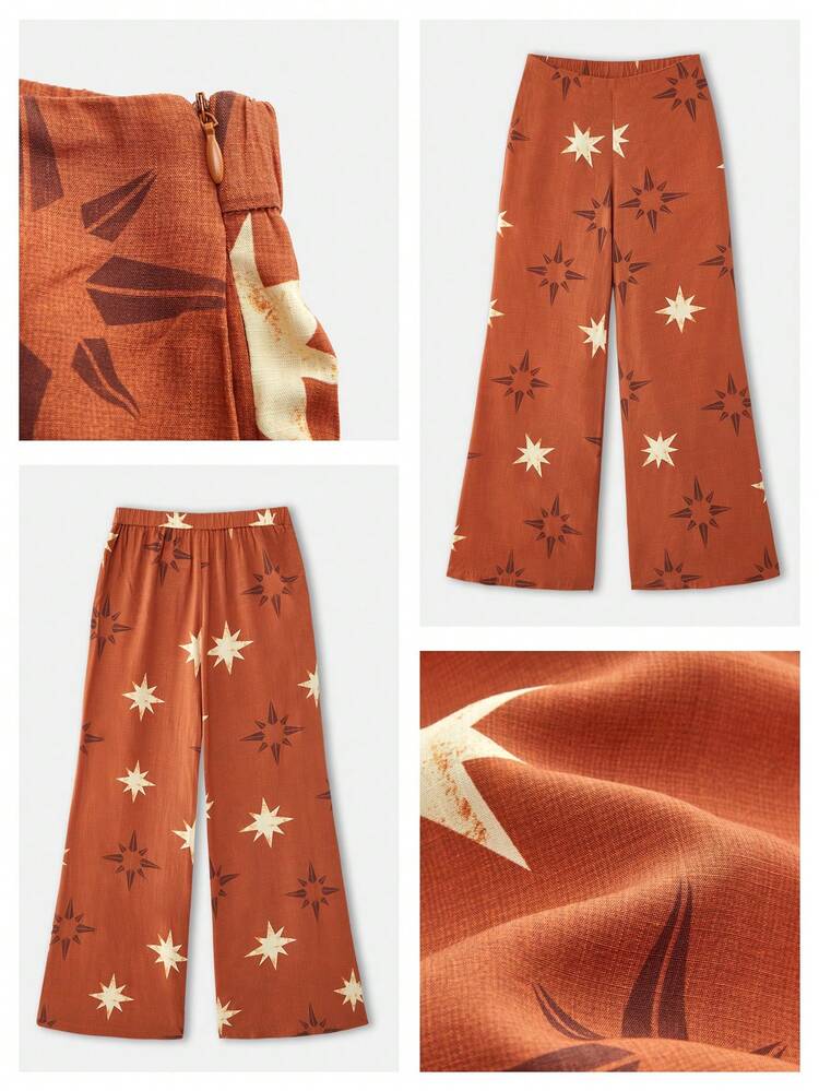 SHEIN Maija Pants Star & Sun Print Women's Wide Leg Pants, Vacation Style Suitable For Beach, Island Travel, Versatile And Comfortable Work For Women Pants Women Women Wide Leg Pants Boho Pants Flare Pants Western Pants Star Print Pants Wide-Leg Pants Festival For Women Summer Pants Cute Pants For Woman Star Pants Wide Leg Pants Woman High Waist Pants For Women Casual