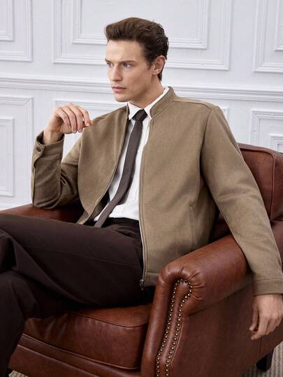 Officeau Men's Autumn/Winter Vintage Suede Zip-Up Jacket, Casual & Minimalist