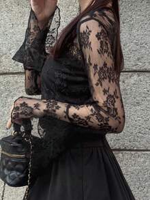 FRIFUL Women's Round Neck Lace Fabric Fitted Flare Sleeve Solid Color Casual T-Shirt - Black - View 5