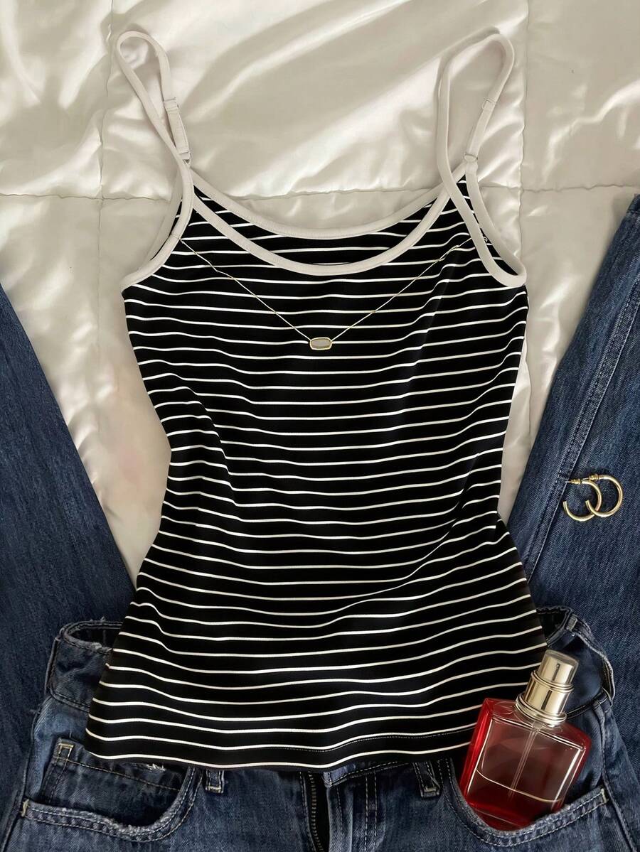 SHEIN 女士条纹休闲百搭日常穿搭吊带背心 - 黑色 - 查看 1