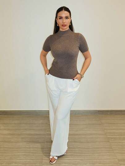 MDEdit Women's Solid Color Turtleneck Short Sleeve Wool Knit Top, Deep Brown, Brown Sweater, Brown Tops , All Season, New Year Clothes Summer Casual