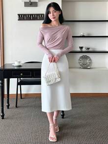 DAZY 女士优雅紫色不对称肩部修身T恤 - 紫色 - 查看 7