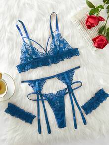 4pcs Women Intimates Set: Wireless Bra, G-String, Garter Belt, And 1 Pair Leg Rings For Going Out - Teal Blue - View 5