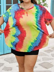SHEIN CURVE+ Áo thun nữ cỡ lớn họa tiết nhuộm tie-dye ngẫu nhiên, vạt cong - Nhiều màu - Xem 8