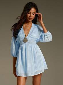Athîral 女士深V褶皱腰带灯笼袖时尚迷你连衣裙，适合度假 - 藍色 - 查看 1