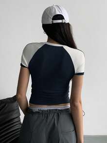 Flirla Women's Grey Patchwork Motorcycle Style Print Tight Comfortable Versatile Short Sleeve Top, Spring/Summer - Navy Blue - View 2