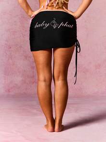 BABYPHAT Ruched Side Tie Mini Skirt Cover Up Beach Swim Sarong Wrap Black Pool Party Summer Vacation Beachwear Swimwear Bottom - Black - View 2