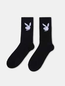 PLAYBOY X SUMWON Vớ nam cổ cao có logo, thoải mái khi mặc hàng ngày, dài đến giữa bắp chân, kiểu dáng cổ điển. - Đen và trắng - Xem 3