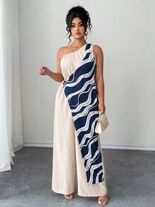SHEIN Clasi Plus Size Women Casual Sleeveless Jumpsuit With Brown Pleated Design Gym Summer - Apricot - View 7