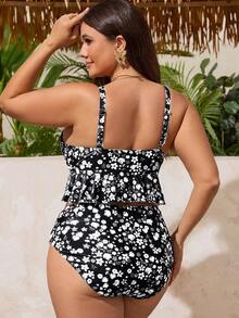 Swim Lushoire Plus Size Women 2-Piece Ditsy Floral Ruched Side Swimwear Set, Vacation Beach Outfit - Black and White - View 2