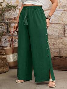 SHEIN Pantalones anchos de pierna ancha con cintura con cordón y dobladillo dividido, versátiles y casuales para uso diario, talla grande para mujeres - Verde - Ver 1