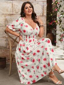 Breezaya Elegant Floral Print Plus Size V-Neck Dress For Women - Apricot - View 7