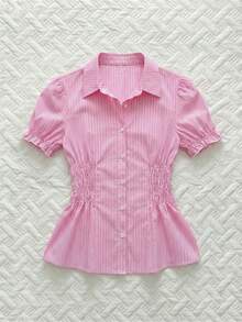 SHEIN Sweetro 女士粉色条纹甜美泡泡袖短款上衣，韩版修身款，春夏款 - 粉色 - 查看 1