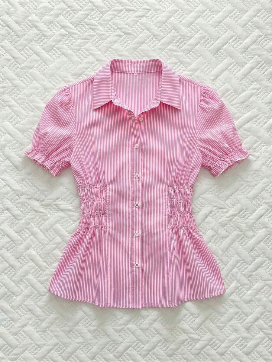 SHEIN Sweetro 女士粉色条纹甜美泡泡袖短款上衣，韩版修身款，春夏款 - 粉色 - 查看 1