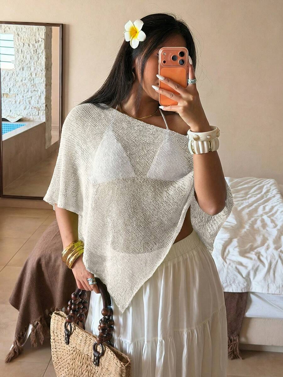 Sunnyshic Women's Green Hollow-Out Minimalist Sheer Casual Vacation Style Knit Cover Up Cover Up, Summer - White - View 1