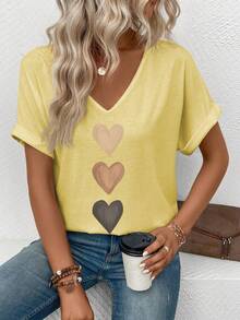 Selamara Women's V-Neck Turnover Cuff, Ombre Heart Print Casual Versatile T-Shirt, Spring/Summer - Yellow - View 5